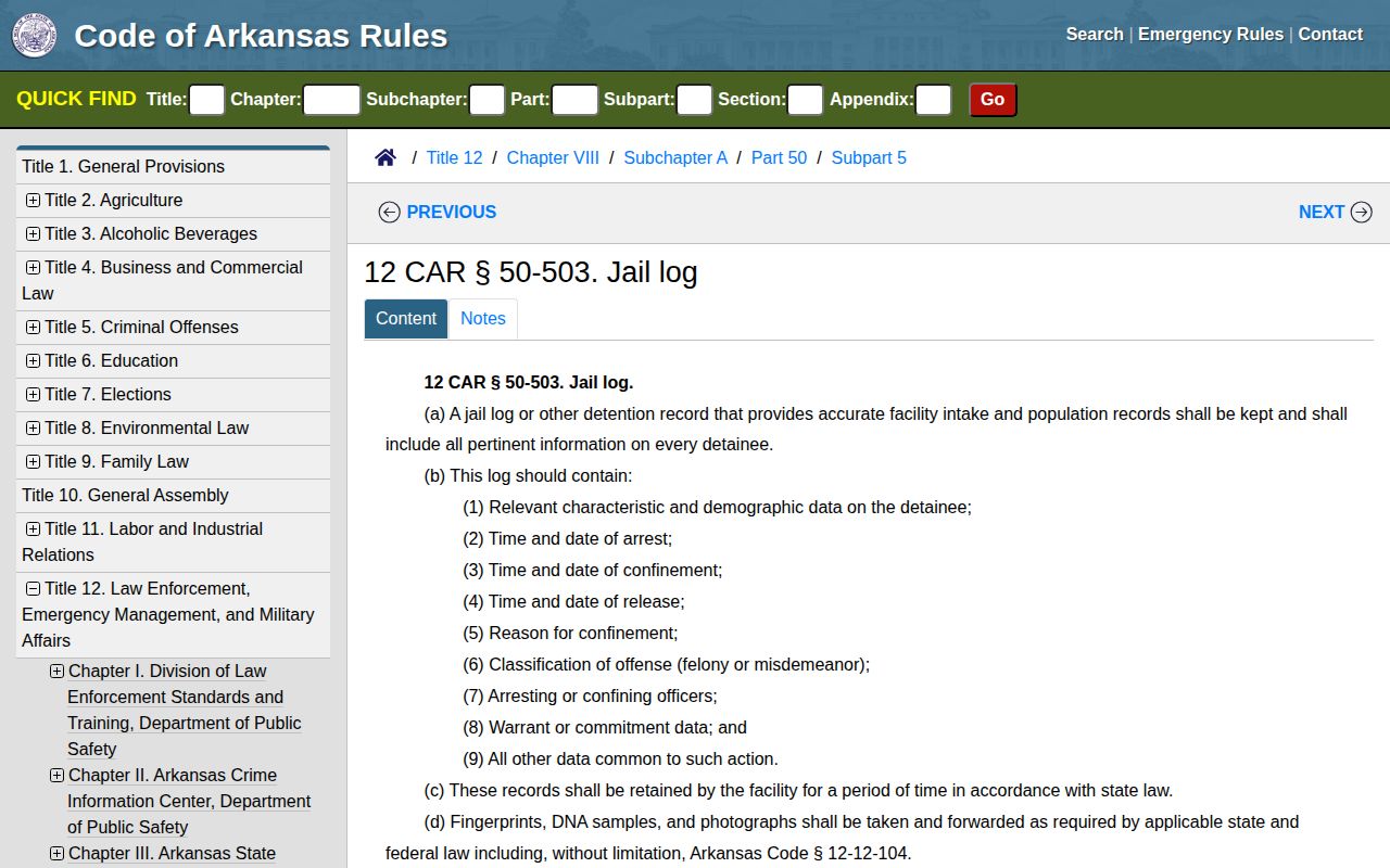 Arkansas jail-log rule for detainee intake and population records