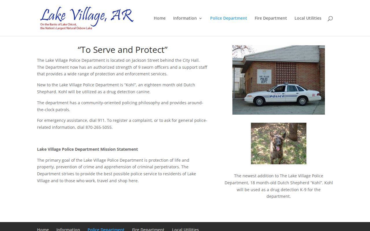 Lake Village Police Department official webpage with agency information