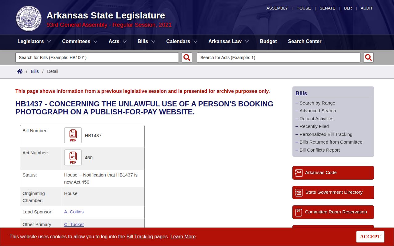 Arkansas General Assembly Act 450 booking photograph legislation page