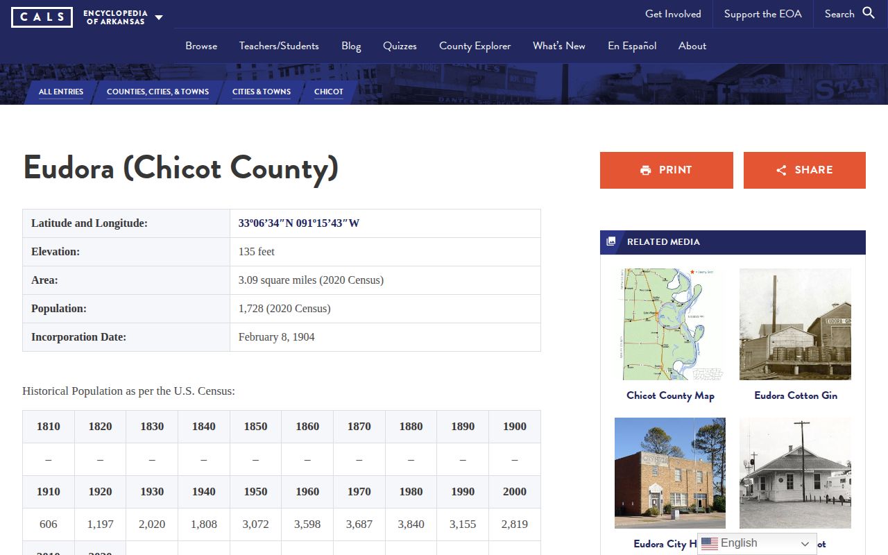 Encyclopedia of Arkansas history and location entry for Eudora in Chicot County